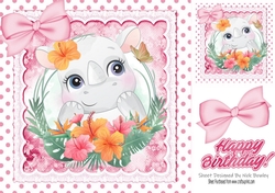 Cute Rhino with pretty flowers in polkadot frame with pink bows 8x8