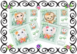 4 Cute Animals in polkadot frame with mint bows card fronts 8x8 mini kit