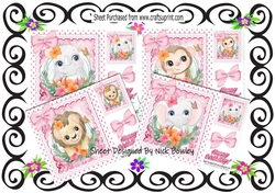 4 Cute Animals in polkadot frame with pink bows card fronts 8x8 mini kit
