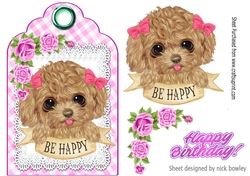 Sweet puppy with bows and pink roses on a gingham tag