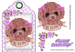Sweet puppy with bows and lilac roses on a gingham tag