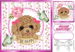 Sweet puppy with bows, pink rose & green butterflies 8x8