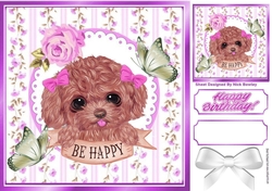 Sweet puppy with bows, lilac rose & green butterflies 8x8