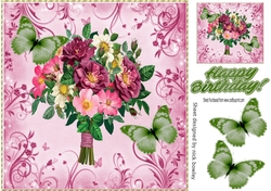 Bouquet of pink wild roses with  green butterflies 8x8