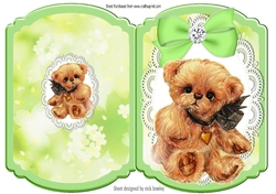 Cute little bear with green bow on lace bracket card
