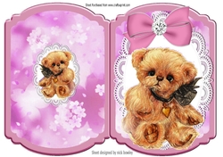 Cute little bear with pink bow on lace bracket card