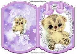 Cute littler kitten with lilac bow on lace bracket card