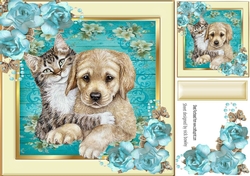 pretty floral frame with cuddling kitten and puppy 8x8