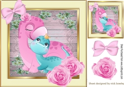 Cute Mum and baby dino in rose and floral frame 8x8