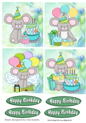4 cute birthday mice with cake & balloons toppers