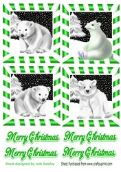 4 cute christmas white polar bears toppers in green