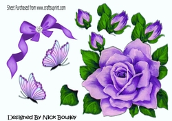 Big lilac rose with diamond bow. butterflies cut outs