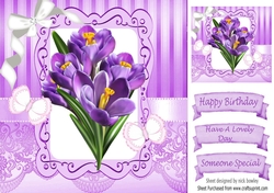 Pretty purple iris with butterflies and diamante bow 8x8