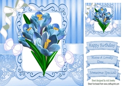 Pretty blue iris with butterflies and diamante bow 8x8