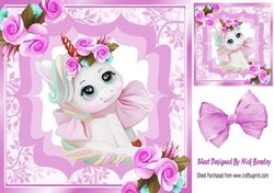 Pretty unicorn with roses and lilac bow 8x8