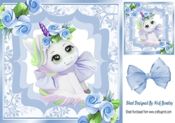 Pretty unicorn with roses and blue bow 8x8