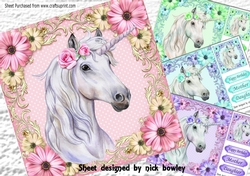  4 Gorgeous white unicorns with flowers card fronts 8x8  mini kit