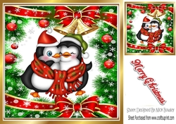 Cute penguins in green festive 8x8 frame with baubles