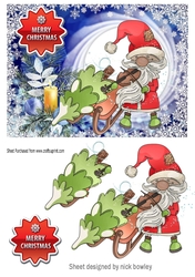 Jolly Santa playing a violin with sleigh with baubles A5