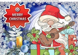 Jolly Santa playing a guitar with presents A4
