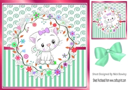 Cute white kitten in pink with stripe ornate frame 8x8