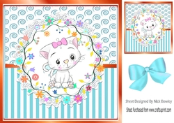 Cute white kitten in turq stripe ornate frame 8x8