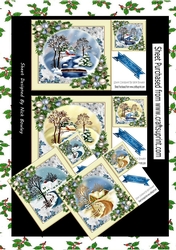 4 Lovely snow scenes with cottages, stream and blue baubles 8x8 mini kit
