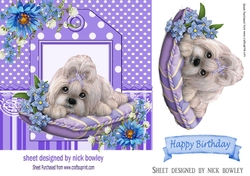 cute puppy on cushion with purple and blue flowers 7x7