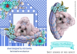 cute puppy on cushion with turq flowers 7x7