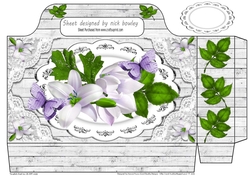 Pretty tote bag with white lilies, lace and paper lilac butterflies