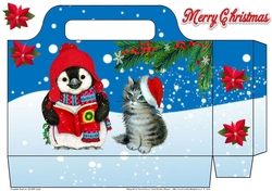 Pretty tote bag with snow scene, penguin and kitten