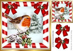 Pretty robin on a branch with snow with red bows 8x8