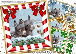 4 Cute Donkeys in the snow scene with bows and robin 8x8 card front mini kit