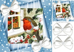 Cute robin with window on a branch  and white bows with blue stars 8x8