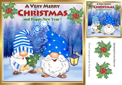 Cute gnomes in blue in snow scene with holly 8x8