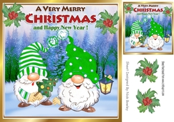 Cute gnomes in green in snow scene with holly 8x8