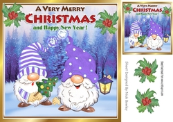 Cute gnomes in purple in snow scene with holly 8x8