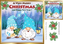Cute gnomes in turq in snow scene with holly 8x8