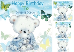 Cute little teddy with a blue blanket and butterflies 8x8