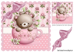 Floral teacup with teddy bear and pink bow  8x8