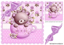 Floral teacup with teddy bear and purple bow  8x8