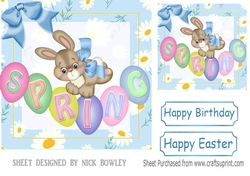Cute spring bunny with daisies and blue bow 8x8
