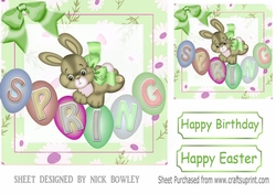 Cute spring bunny with daisies and green bow 8x8