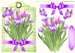 purple tulips with bow and butterflies on a topper/tag