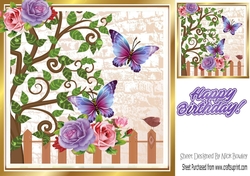 rose garden leaves with birds and butterflies card fronts 8x8