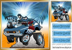 70s blue hot rod funny car with palm trees 8x8