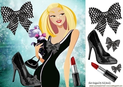 Pretty Artwork lady with puppy in black with bow 8x8