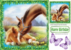 Sweet horse with her foal and purple butterflies 8x8