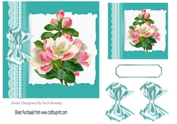 Pretty lace, turq bow abstract 7x7 card front with flowers
