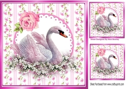 Pretty pink flower borders and lace with swan 8x8 card front